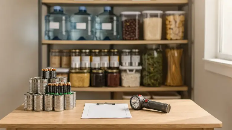 Notvorrat mit Wasser, Haltbarwaren, Batterien und Taschenlampe für Budget- und Bedarfsplanung