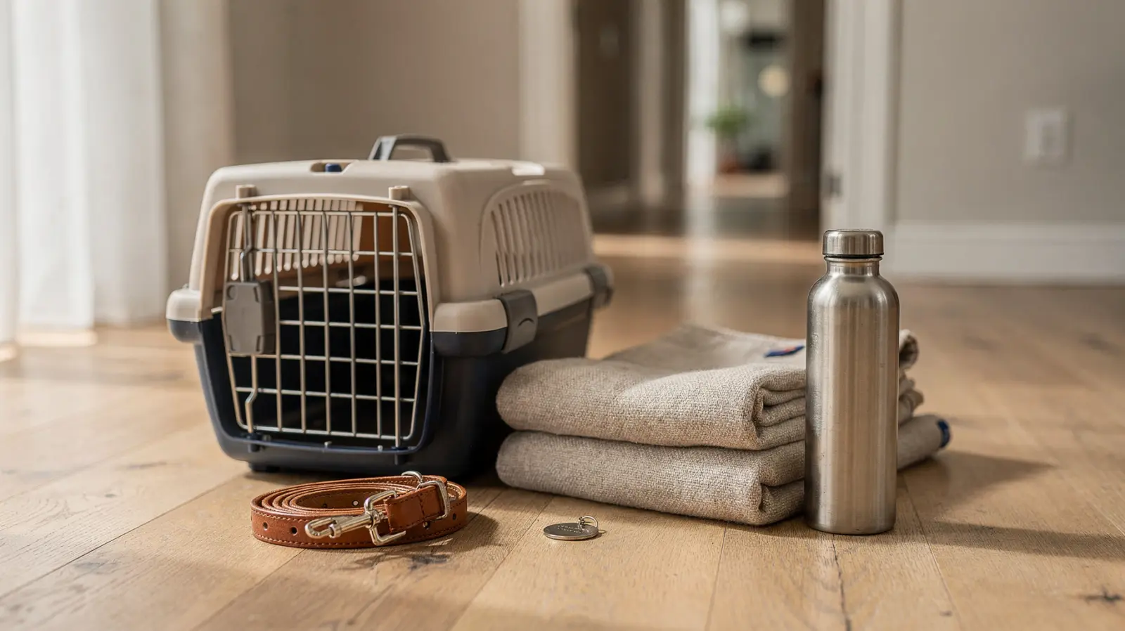 Katze im Transportkorb, Leine und Zubehör zur Haustier-Evakuierung im Flur