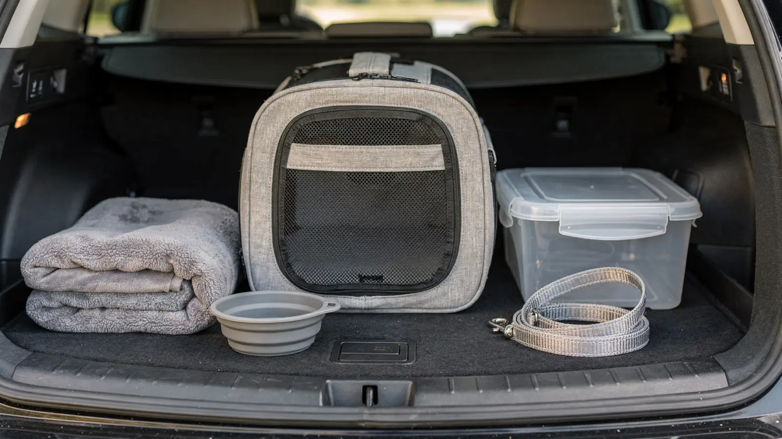 Tiernotvorrat fürs Auto mit Wassernapf, Leine, Decke und Transportbox im Kofferraum