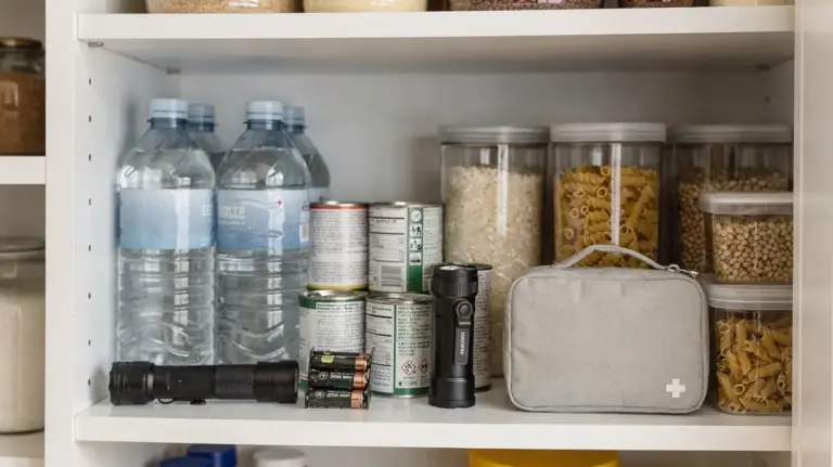 Ordentlich organisierter Notvorrat im Familienhaushalt mit Wasser, Konserven und Haltbarkeitsvorräten
