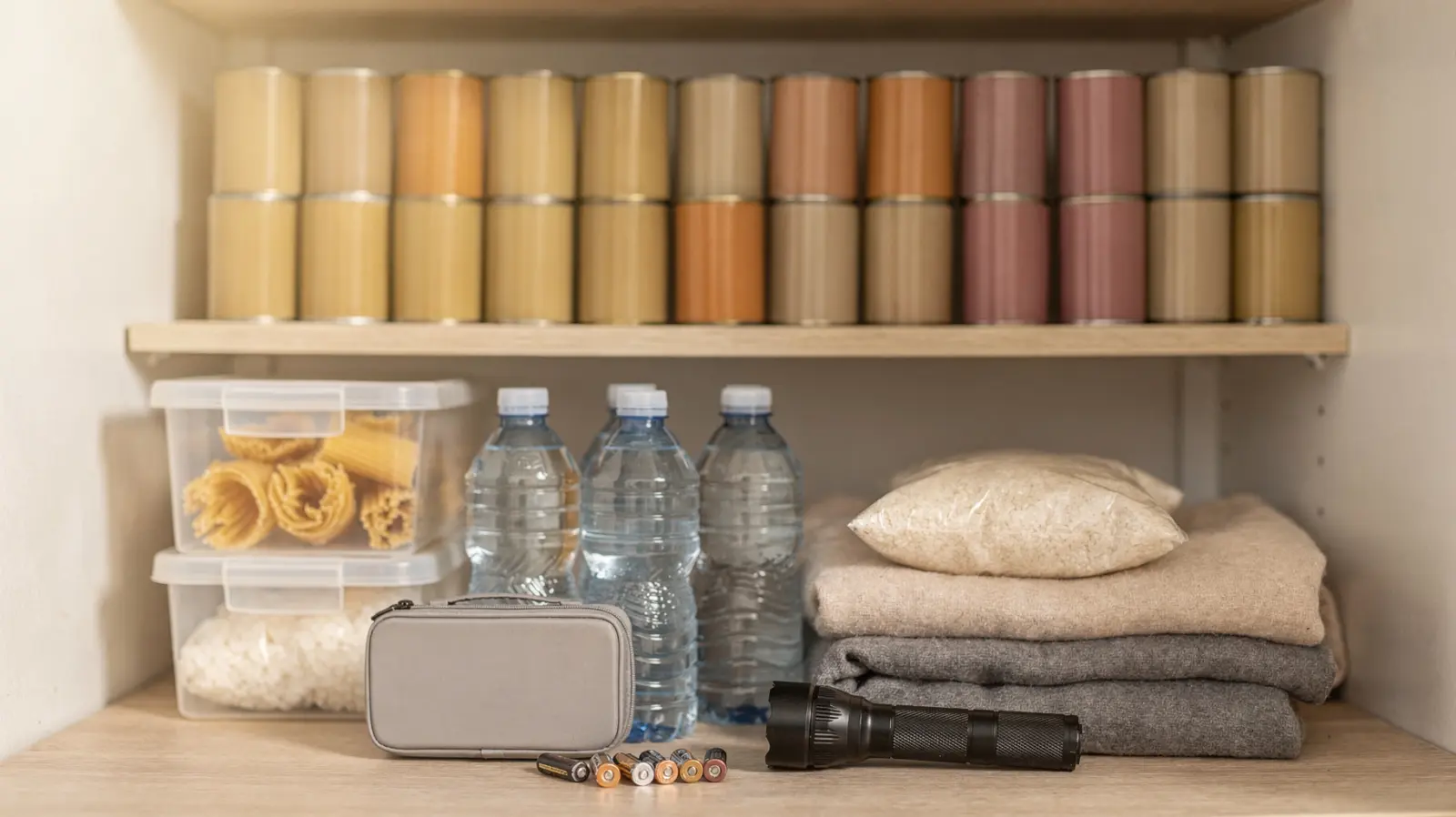 Familien-Notvorrat mit haltbaren Lebensmitteln, Wasser und Taschenlampe in einer aufgeräumten Speisekammer
