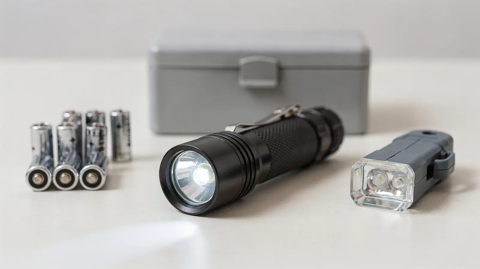 Taschenlampe für den Notvorrat neben Batterien und Handkurbel-Licht auf einem Tisch