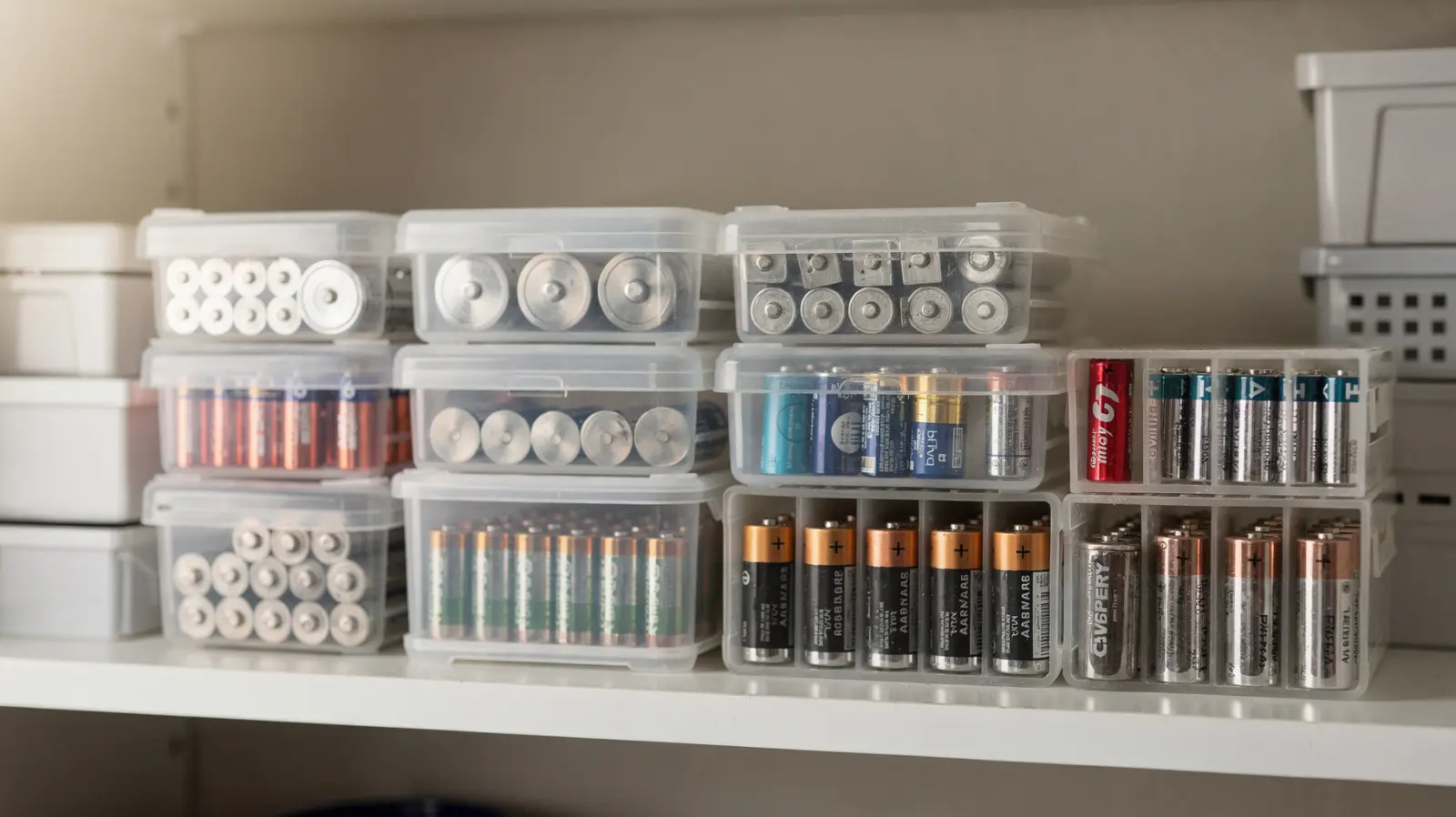 Geordnete Ersatzbatterien in Aufbewahrungsboxen zur sicheren Lagerung von Batterie-Typen