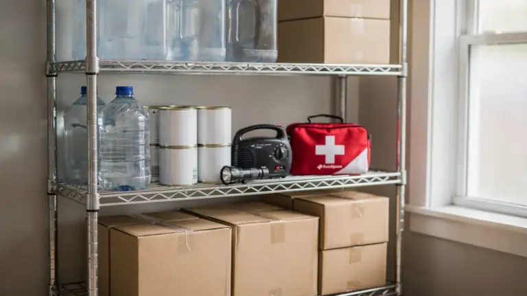 Geordneter Notvorrat mit Wasser, Dosen, Taschenlampe und Radio für Krisenszenarien