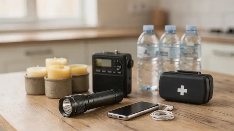 Blackout-Versorgung für Haushalte mit Taschenlampe, Radio, Powerbank, Kerzen und Wasser bei Stromausfall