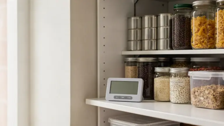 Ordentlich gelagerter Notvorrat mit Dosen, Gläsern und Thermometer zur idealen Temperatur