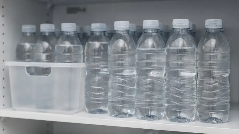 PET-Flaschen mit Wasser auf einem Regal zur richtigen Lagerung und Haltbarkeit