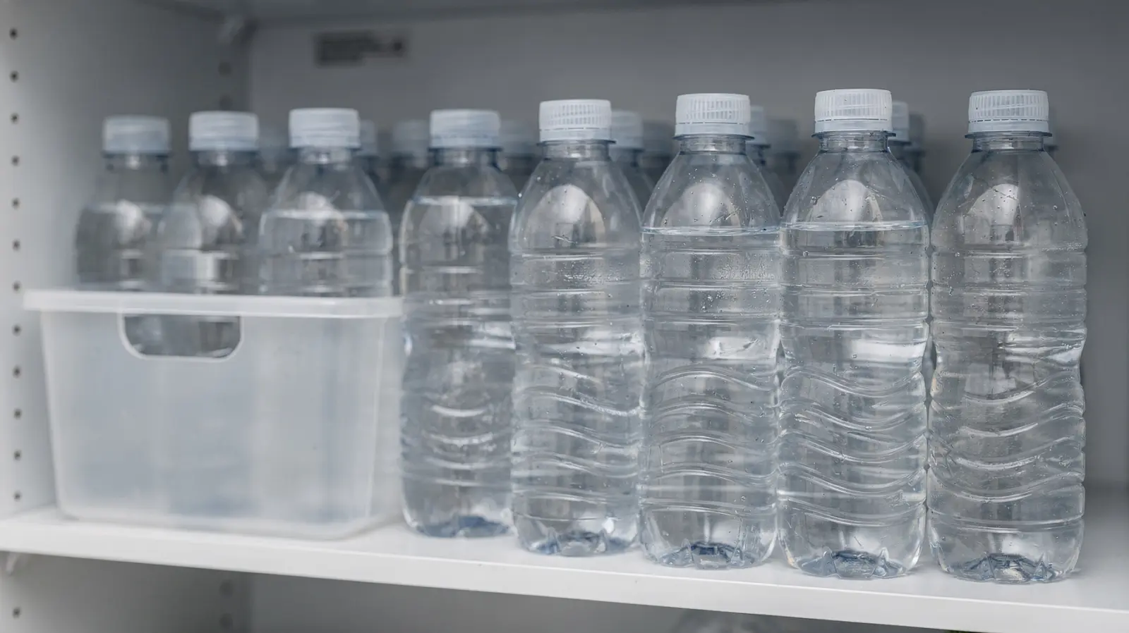 PET-Flaschen mit Wasser auf einem Regal zur richtigen Lagerung und Haltbarkeit