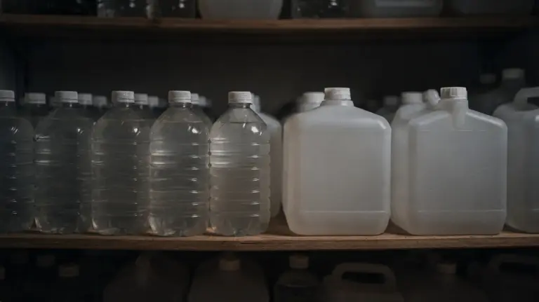 Geordnete Wasserbehälter in einer kühlen Speisekammer: Lagerung, Behälter und Haltbarkeit im Blick.