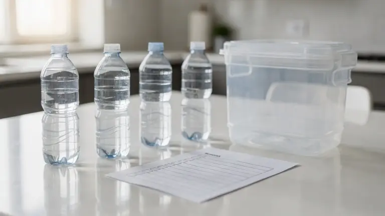 Wasservorrat für den Notfall mit Wasserflaschen und Vorratskanister auf einem Tisch
