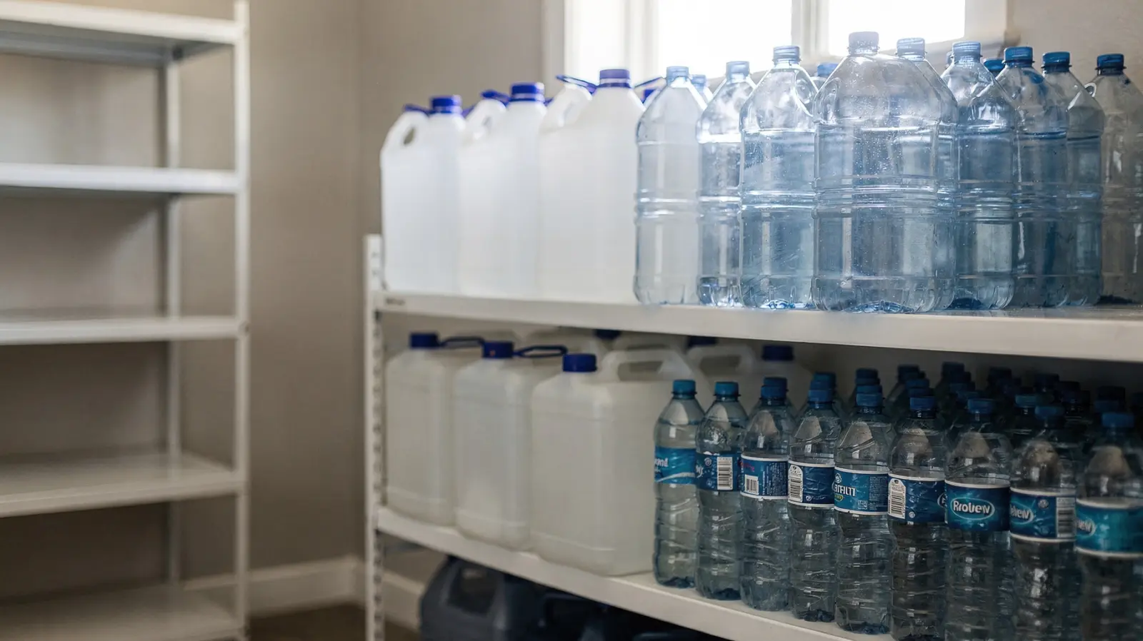 Vorrat an Trinkwasser mit Kanistern und Flaschen zum Wasser austauschen im Notvorrat