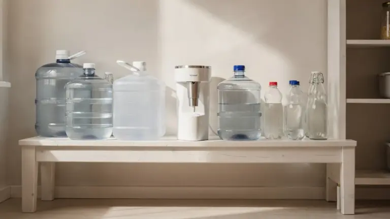 Wasser konservieren für den Notvorrat: Wasservorräte, Filter und Lagerbehälter in einem Vorratsraum