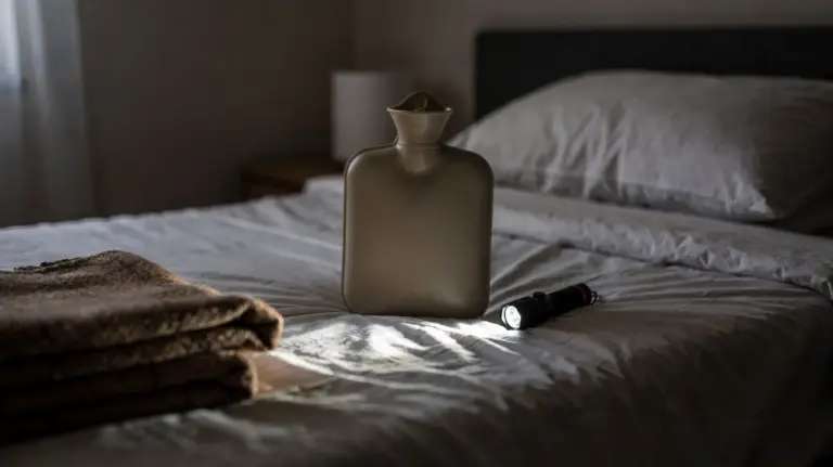 Wärmflasche auf dem Bett als Wärmequelle bei Heizungsausfall im Blackout