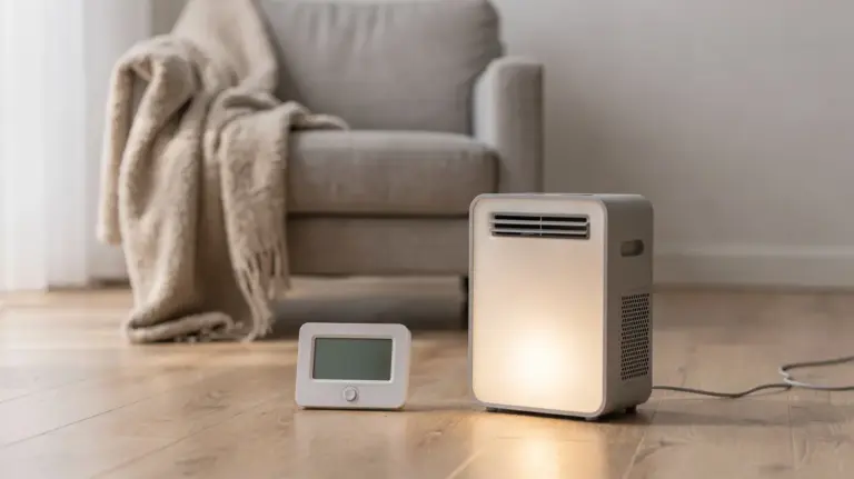 Heizen bei Stromausfall: Batterie-Heizgerät, Thermometer und Decke in einem Wohnraum