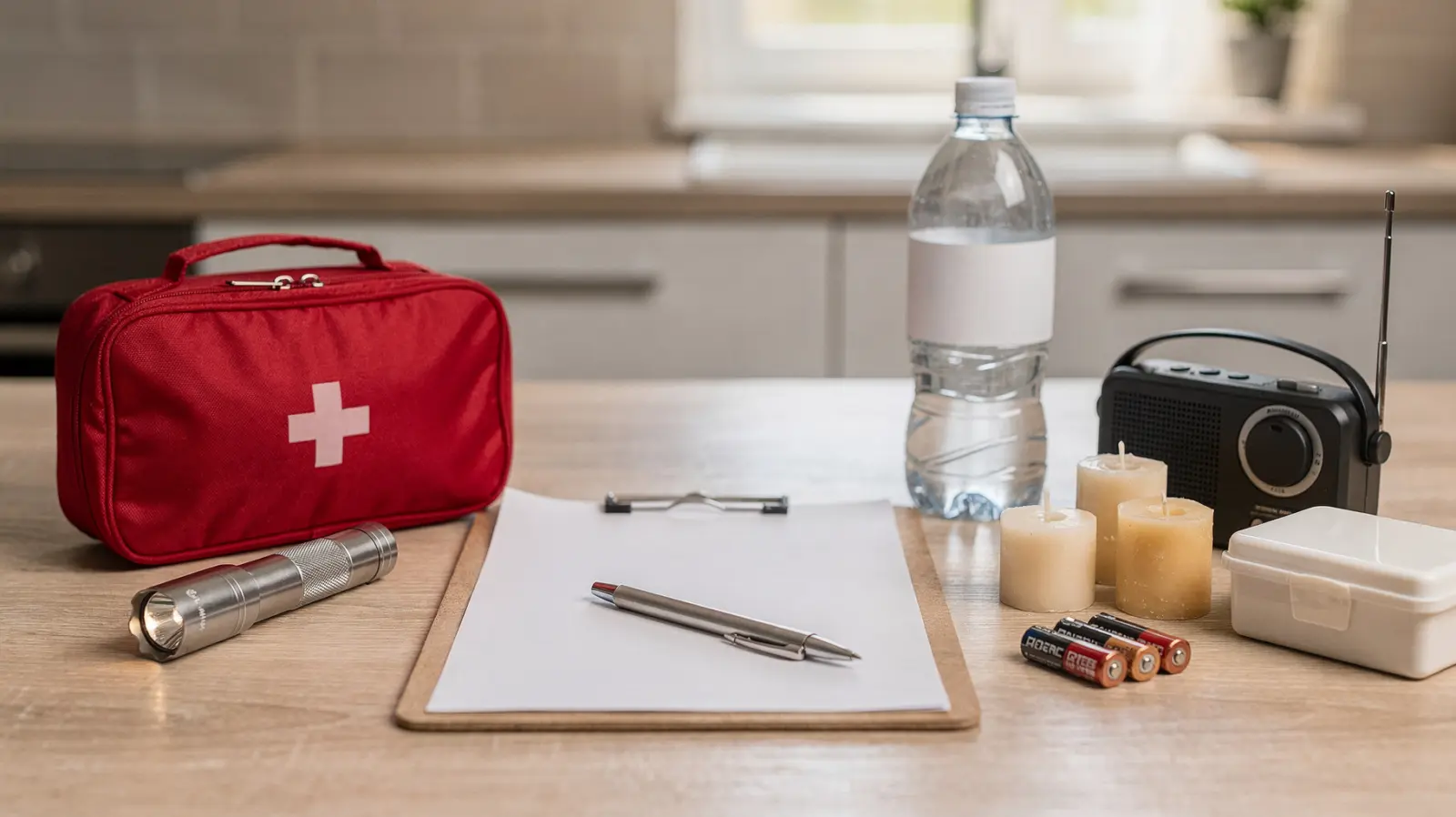 Notfall-Checkliste für den Haushalt auf einem Tisch mit Taschenlampe, Verbandskasten und Vorräten