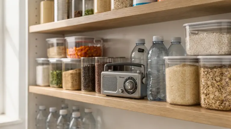 Glutenfreier Notvorrat mit haltbaren Lebensmitteln, Wasser und Radio in einer ordentlich sortierten Speisekammer