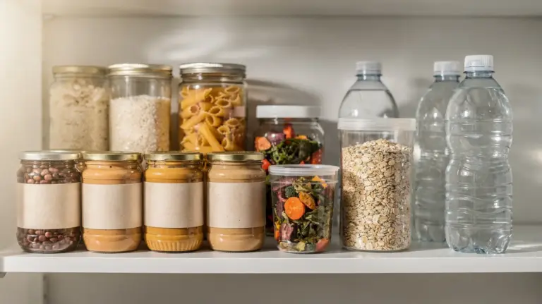 Vegetarischer Notvorrat mit Konserven, Reis, Nudeln, Hülsenfrüchten und Wasser auf einem Küchenregal