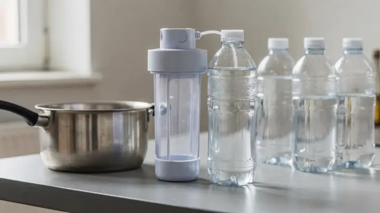 Notfall-Wasserfilter mit Flasche, Topf und Wasserbehältern zum Thema Wasserfilter im Notfall