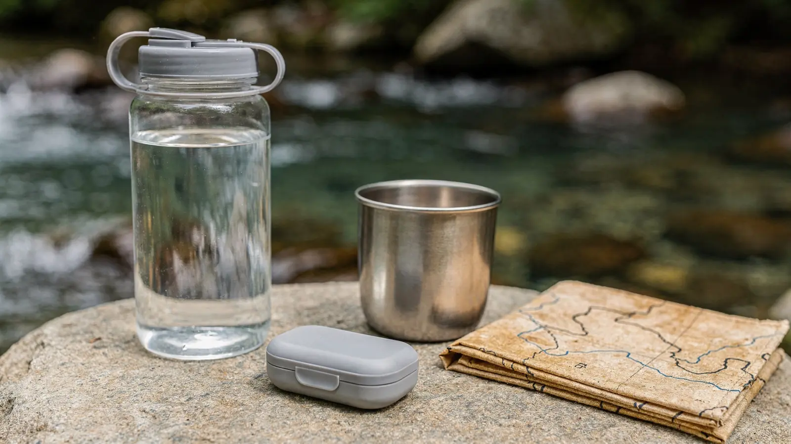 Wasser mit Tabletten desinfizieren: Wasserflasche, Tablettenbehälter und Becher für die Aufbereitung