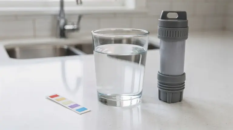 Wasser nicht trinkbar: Glas, Wasserteststreifen und Wasserfilter in der Küche