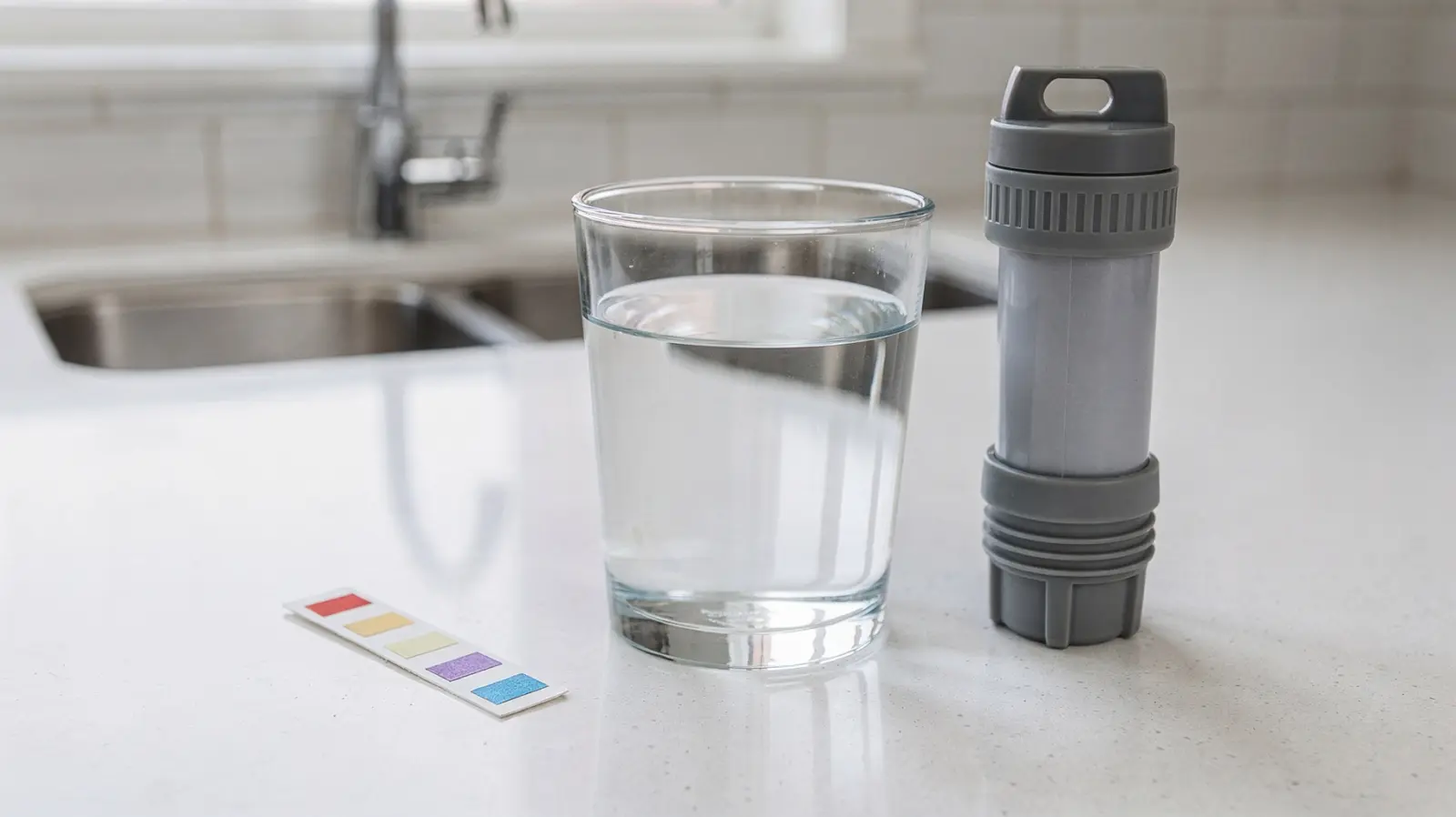 Wasser nicht trinkbar: Glas, Wasserteststreifen und Wasserfilter in der Küche