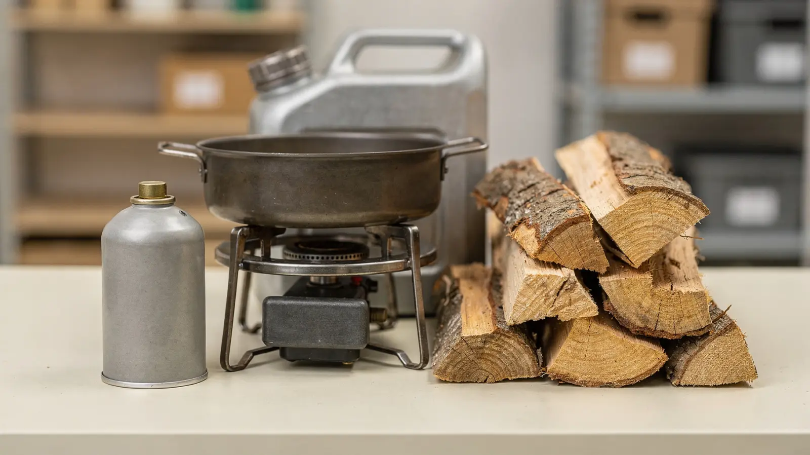 Notkocher mit Gas, Holz und Metallkanister in sicherer Lagerung