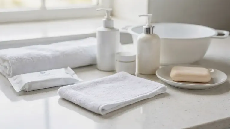 Notfall-Körperpflege ohne Wasser mit Waschlappen, Reinigungstüchern und Handtuch im Badezimmer