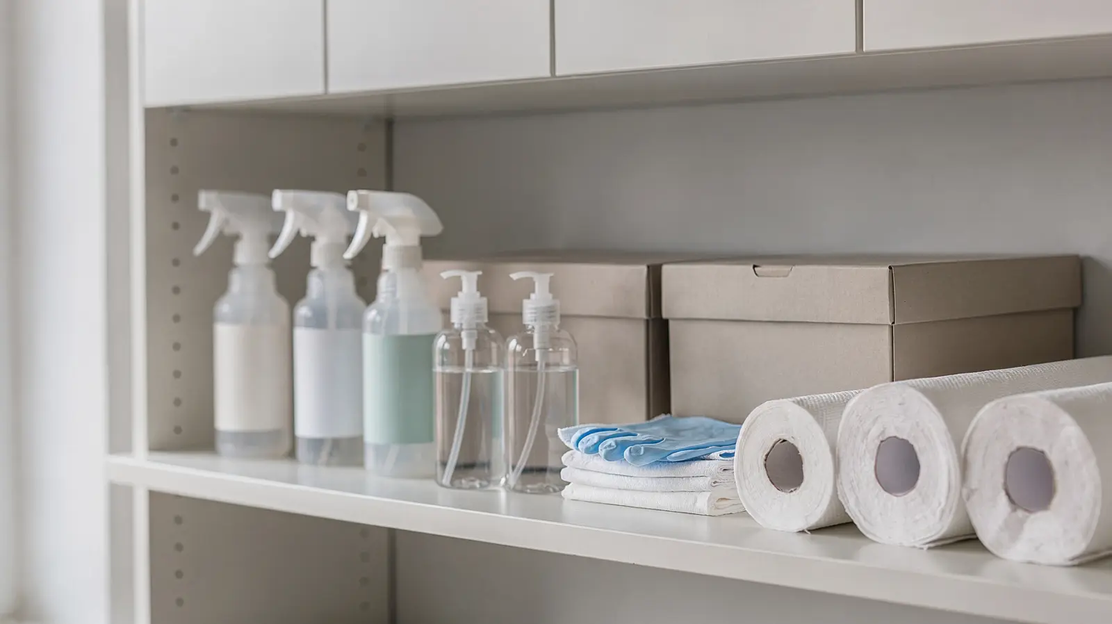 Notvorrat mit Desinfektionsmittel, Handdesinfektion und Handschuhen in einem ordentlich sortierten Regal.