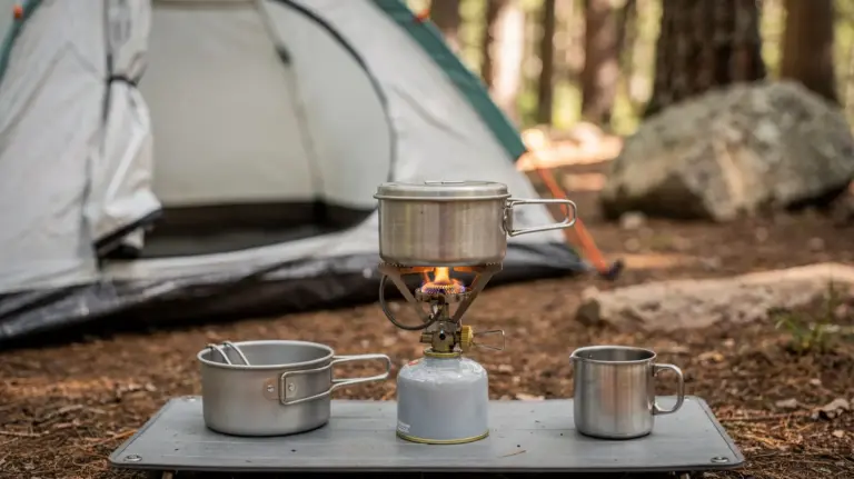Campingkocher auf sicherem Untergrund mit Brennstoff und Belüftung beim Camping