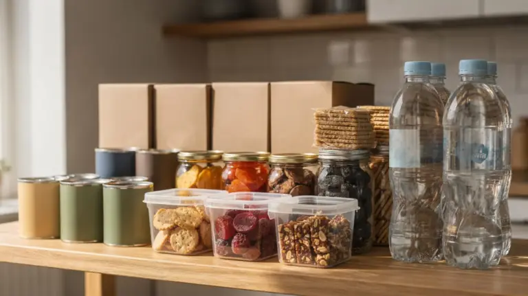 Lebensmittel ohne Kochen für den Notvorrat: Konserven, Knäckebrot, Trockenfrüchte und Wasser im Regal