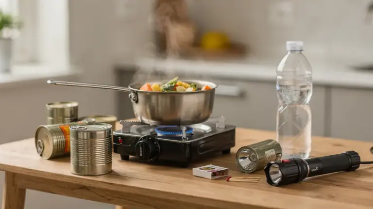 Notfall-Kochset für Kochen ohne Strom mit Campingkocher, Topf, Notvorrat und Taschenlampe