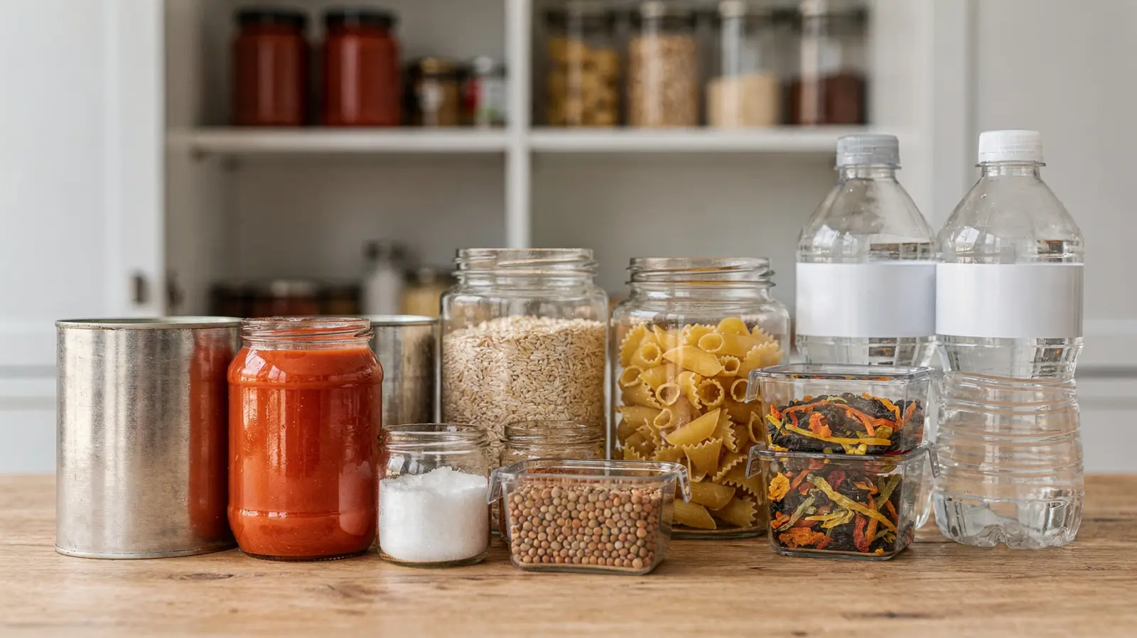 Vorräte mit haltbaren Zutaten für Notvorrat-Rezepte in Küche und Vorratsregal