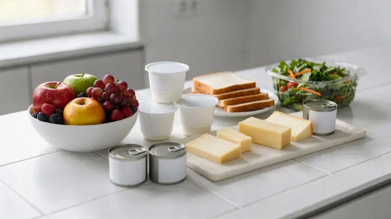 Sofort essbare Lebensmittel auf einer Küchenarbeitsfläche: Obst, Joghurt, Brot, Käse und Salat