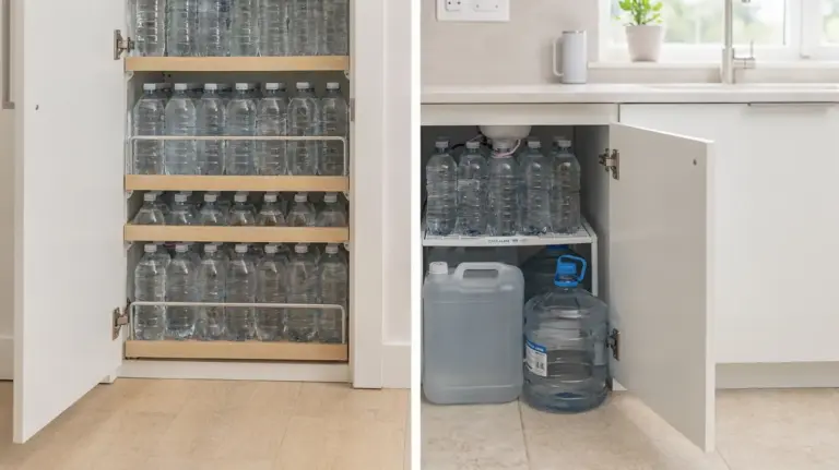Trinkwasser in der Wohnung lagern: gestapelte Wasserflaschen in einer sauberen Wohnungs-Pantry