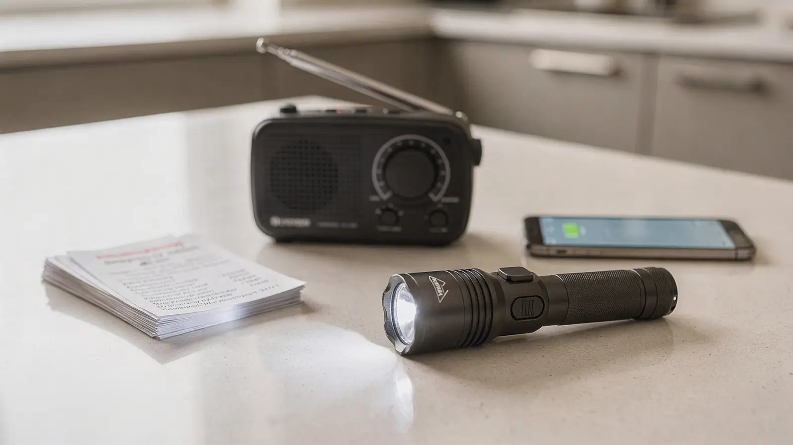 Notfallkontakte bei Stromausfall: Smartphone, Taschenlampe und Notfallradio auf einem Tisch