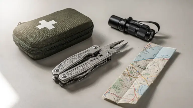 Multitool im Notfall neben Erste-Hilfe-Set und Taschenlampe auf einem Tisch