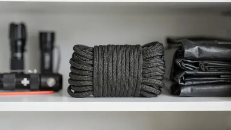 Paracord im Notvorrat neben Taschenlampe, Erste-Hilfe-Set und gefaltetem Tarp