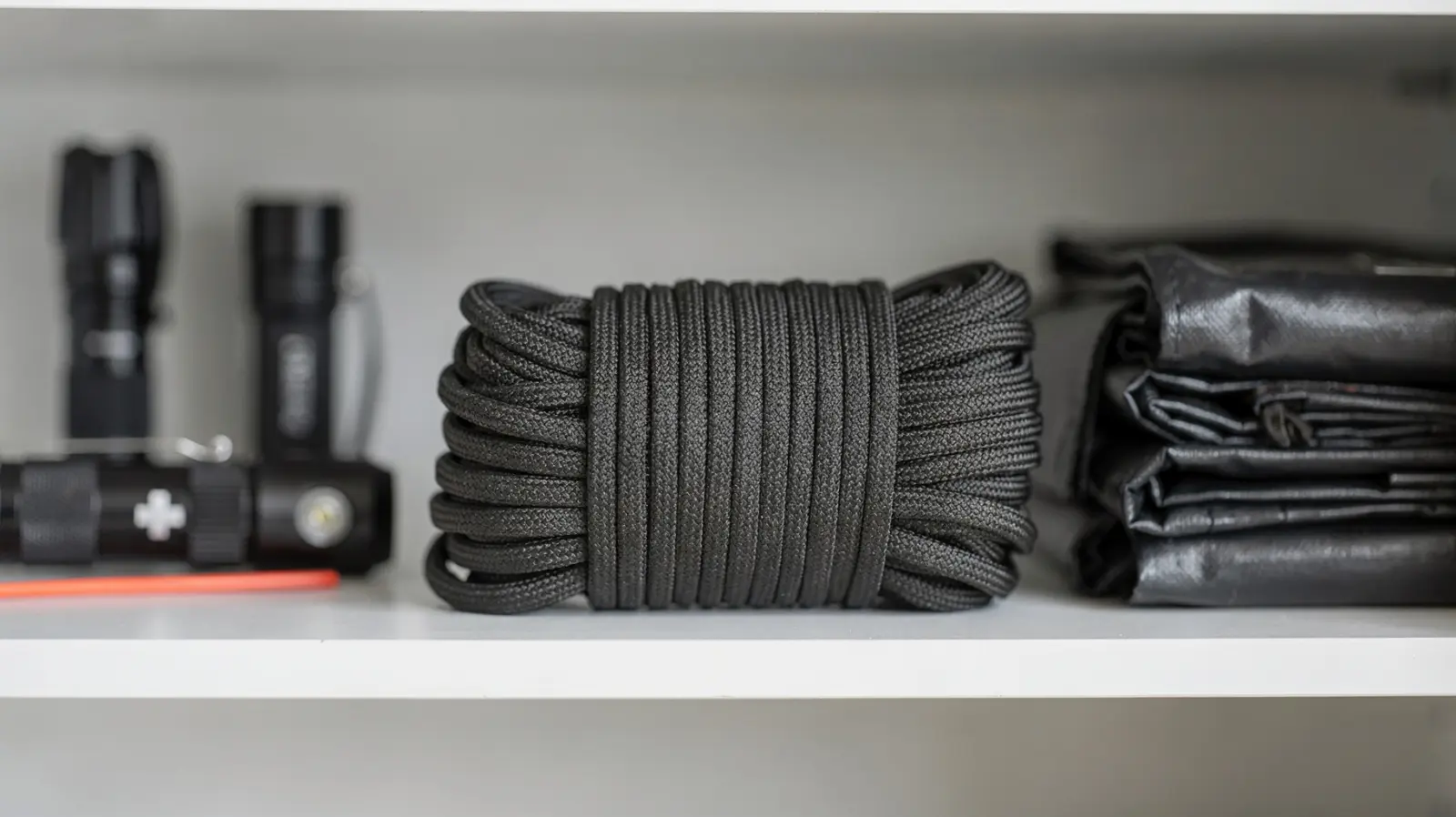 Paracord im Notvorrat neben Taschenlampe, Erste-Hilfe-Set und gefaltetem Tarp