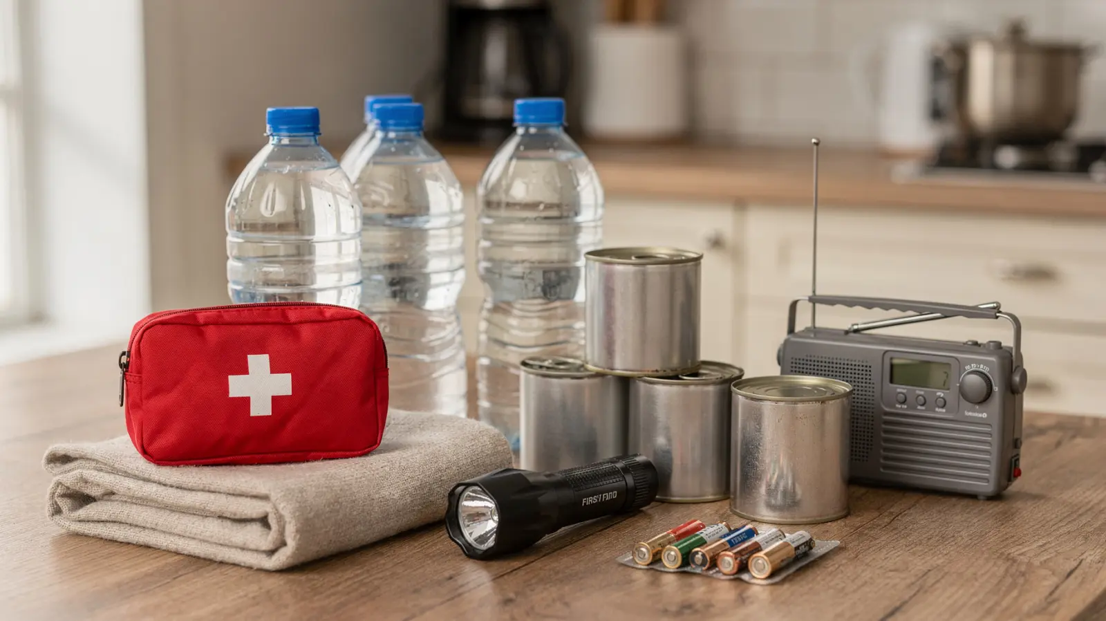 Notvorrat für Senioren mit Wasser, Lebensmitteln, Taschenlampe und Radio auf dem Tisch
