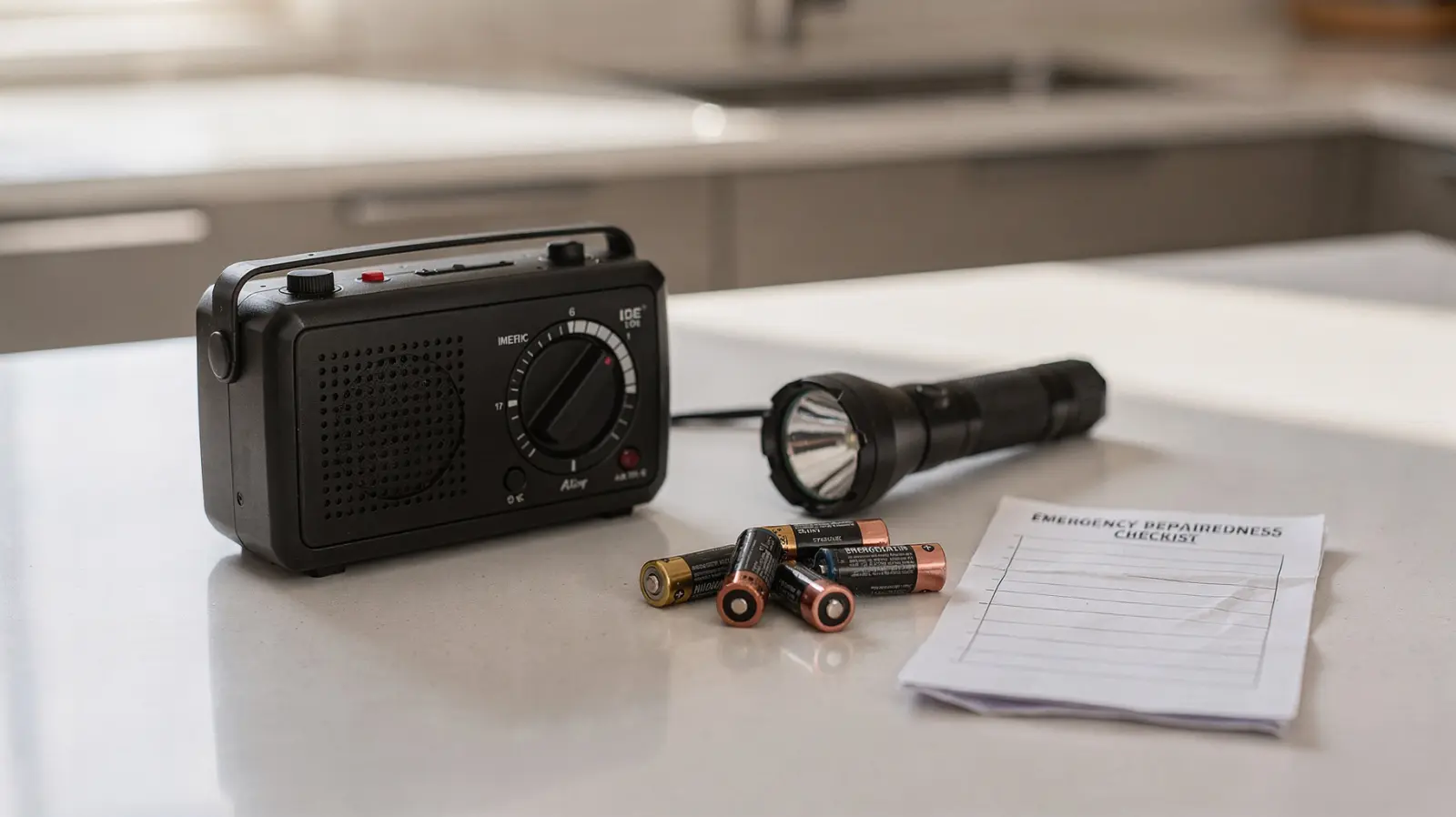 Notfallradio auf Küchenarbeitsplatte mit Taschenlampe und Batterien als Thema des Artikels