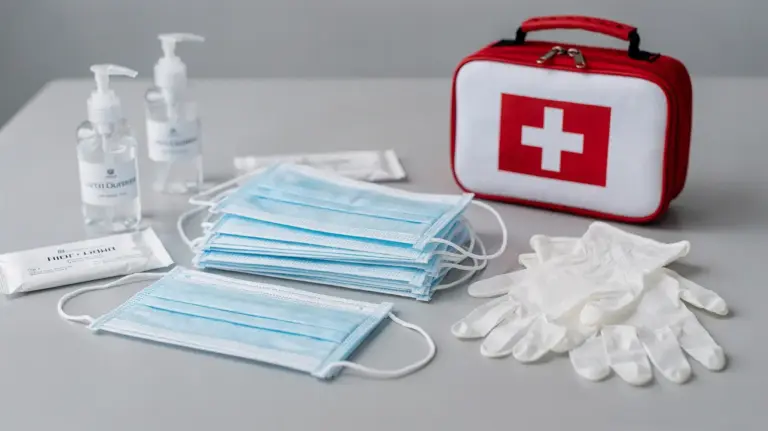 Schutzmasken und Handschuhe für Krisenlagen auf einem Tisch