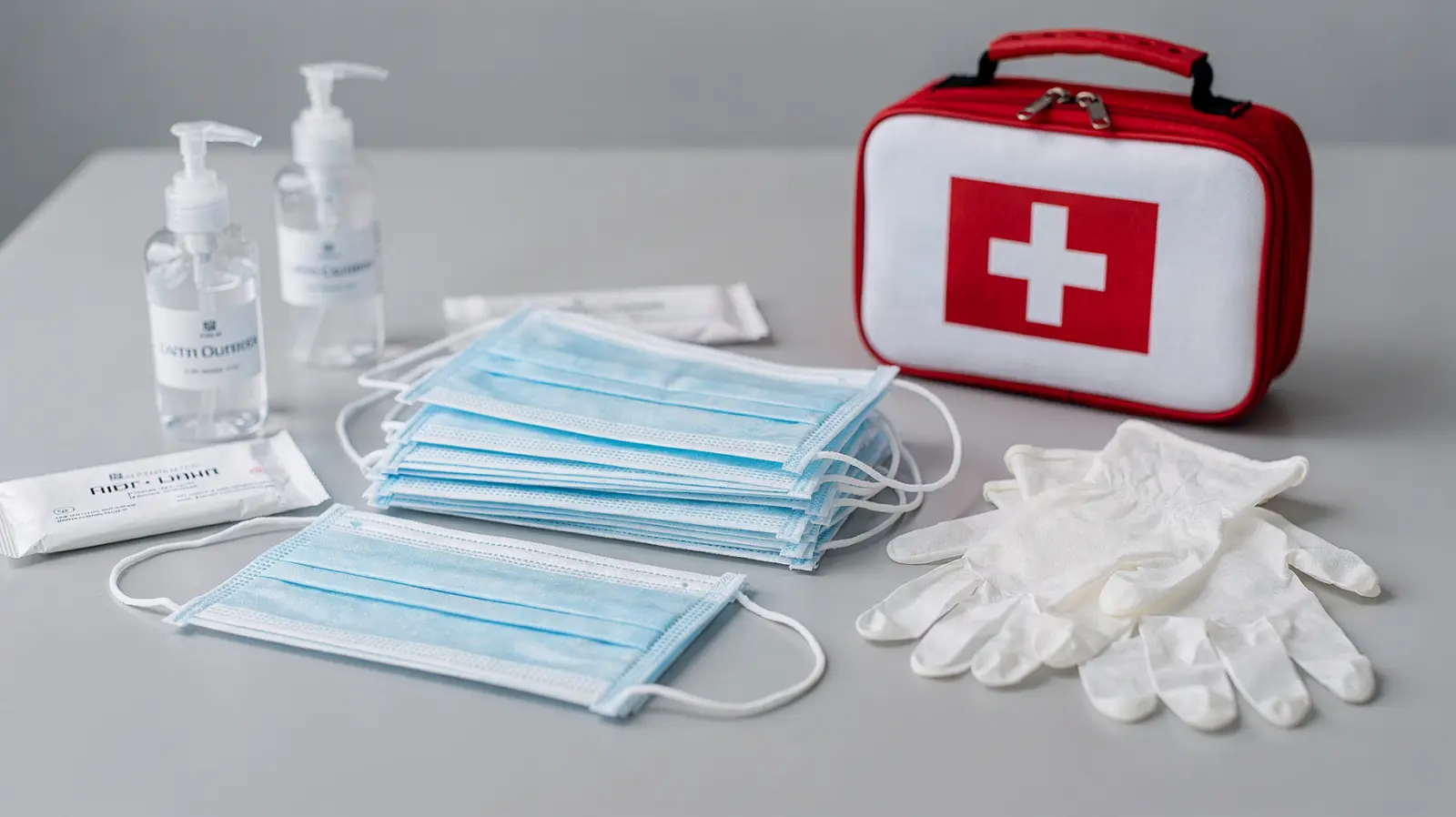 Schutzmasken und Handschuhe für Krisenlagen auf einem Tisch