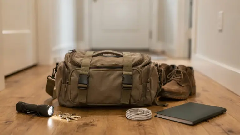 Evakuierungsset im Flur für das Haus verlassen im Notfall mit Tasche, Taschenlampe und Dokumenten