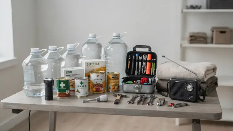Notfallausrüstung, Vorräte und Wasser für den Haushalt nach einer Krise ordentlich vorbereitet