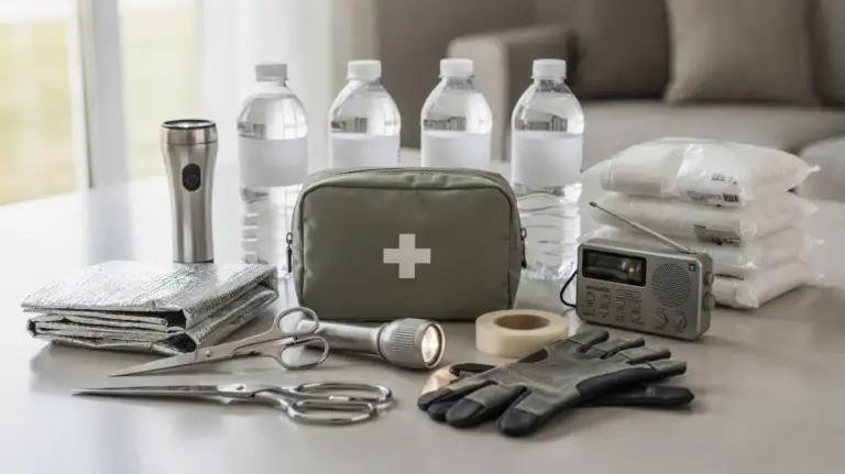 Notfallset mit Erste-Hilfe-Tasche, Taschenlampe, Wasser und Decke als praxisnahes Set
