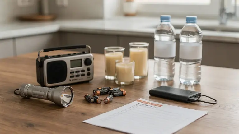 Stromausfall-Checkliste mit Taschenlampe, Radio, Batterien und Wasser im Haushalt