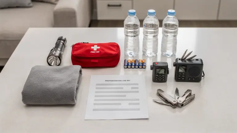 Notfallausrüstung-Checkliste mit Taschenlampe, Verbandsset, Wasser, Batterien, Radio und Decke auf einem Tisch