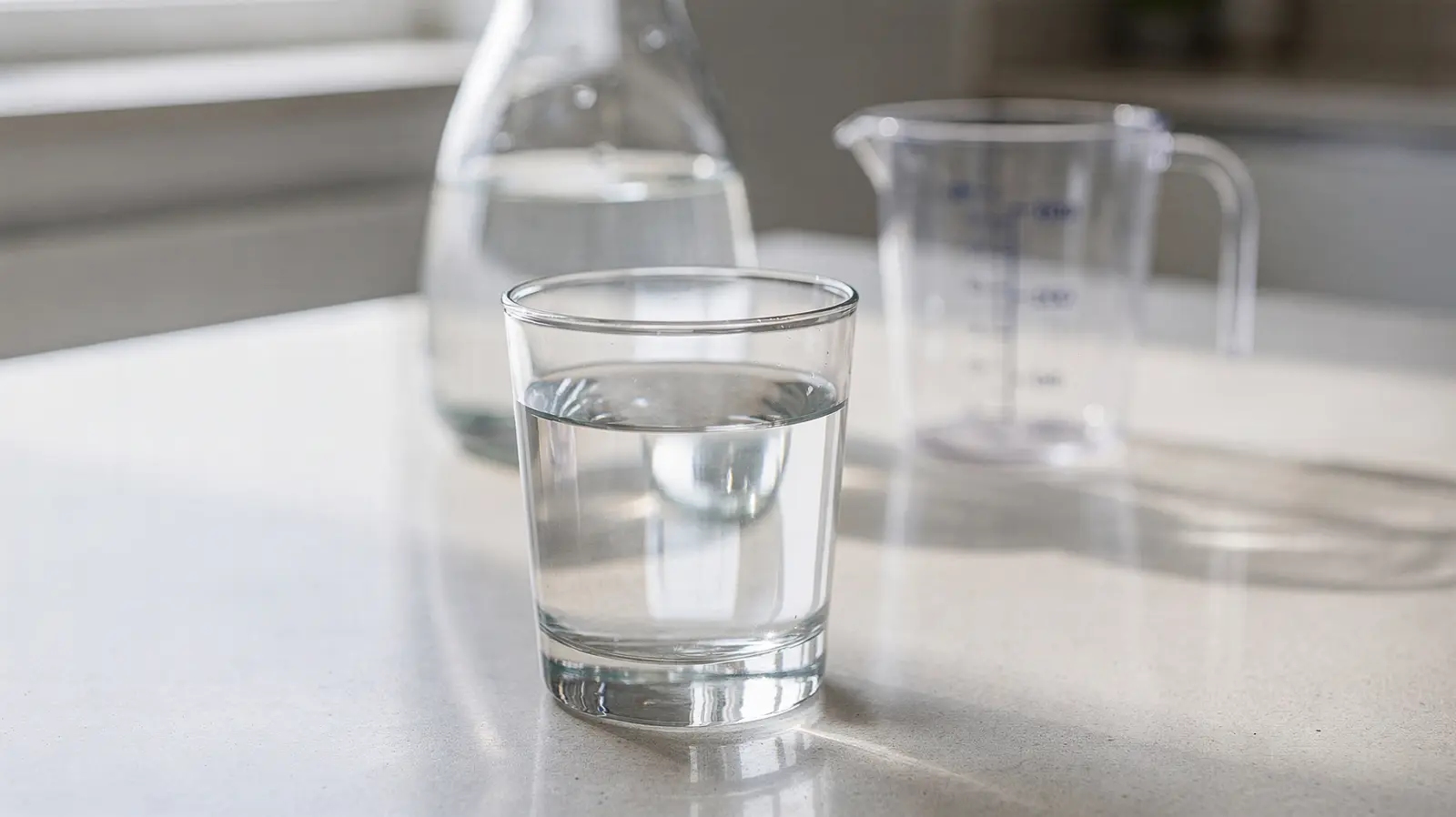 Glas und Karaffe mit Wasser zur BBK Trinkwassermenge und empfohlenen Wassermenge pro Person