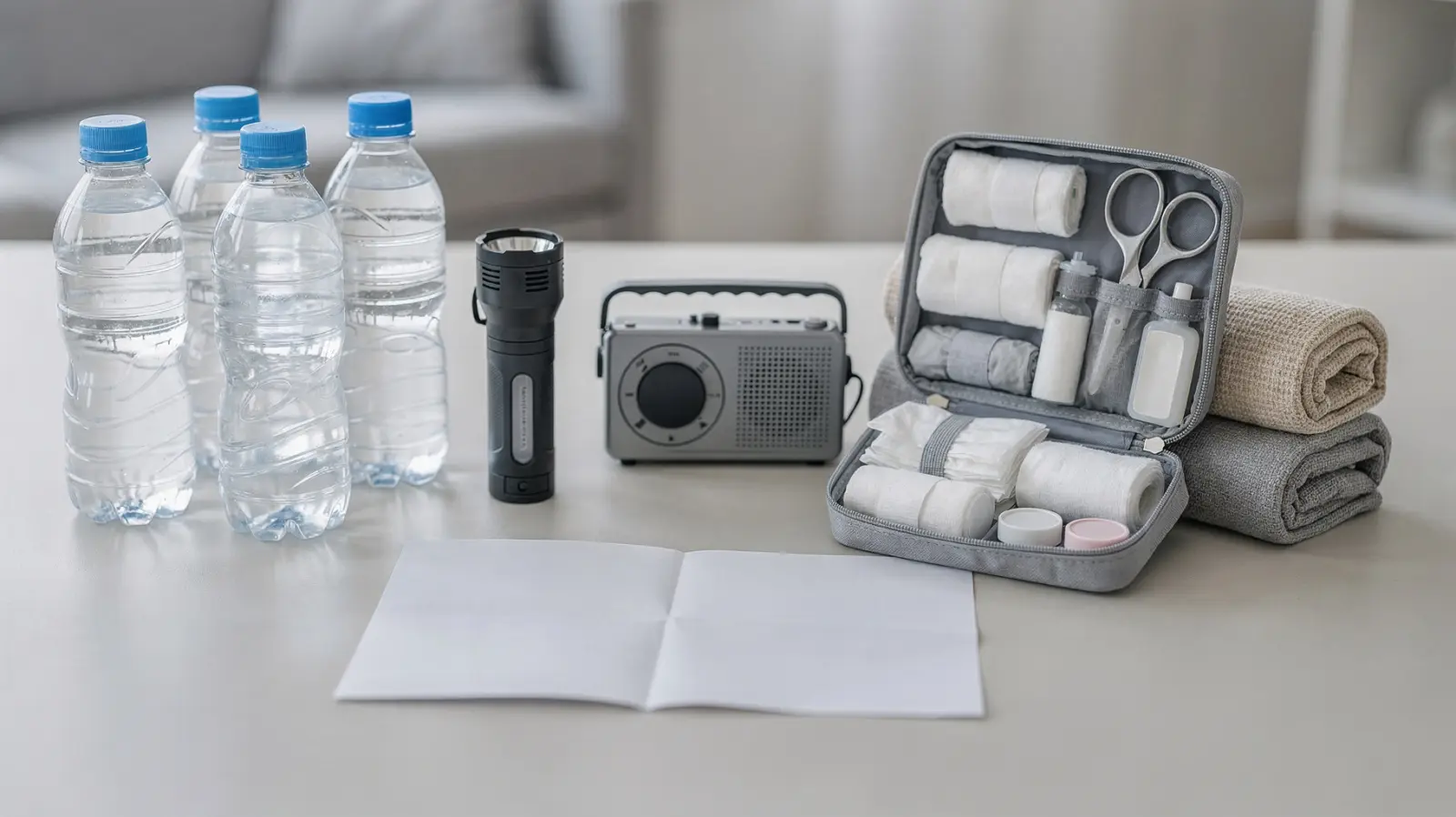 Ordentliche BBK-Notfallausrüstung mit Taschenlampe, Radio, Wasser und Verbandszeug als Notfall-Vorrat