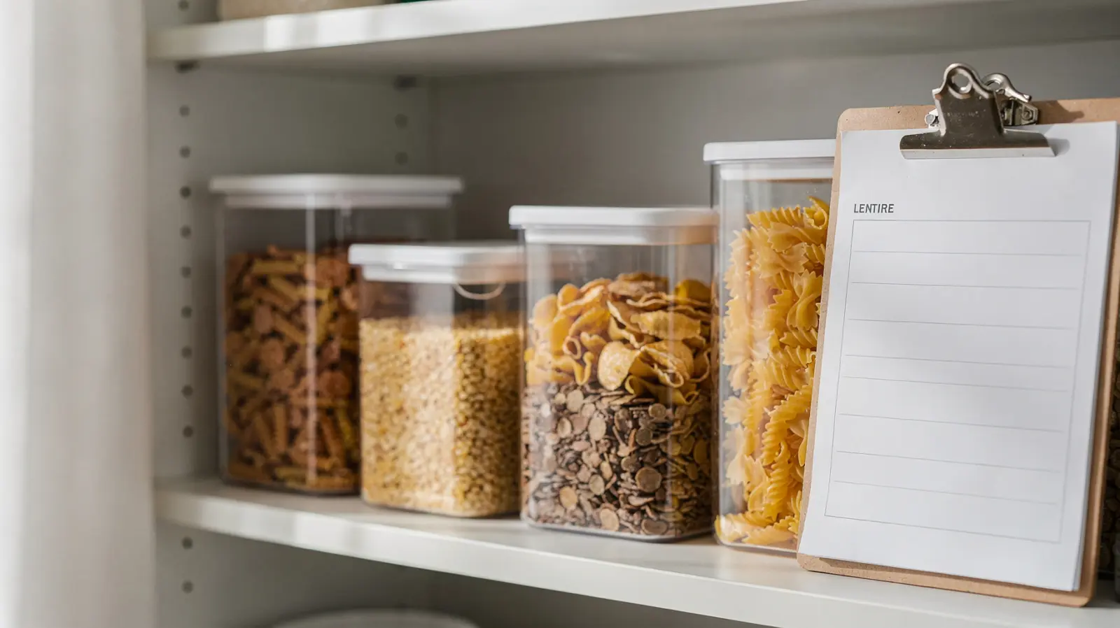 Ordentliche Vorratskammer mit beschrifteten Behältern und Checkliste zum Allergie-Vorrat-Check